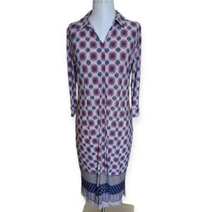 Chico's Pink & Blue Medallion Geometric Print Midi Jersey Shirt Dress size 1 NWT